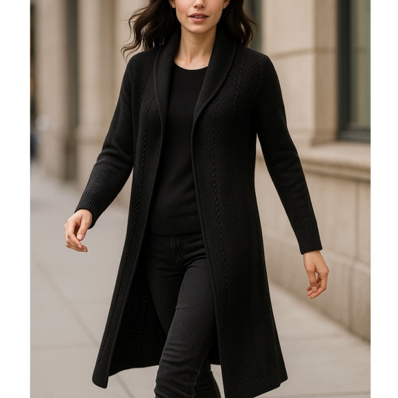 Jax Vintage Long Merino Wool Black Cardigan Open Front Ribbed Ribbon Trim L (XL) - Picture 1 of 14